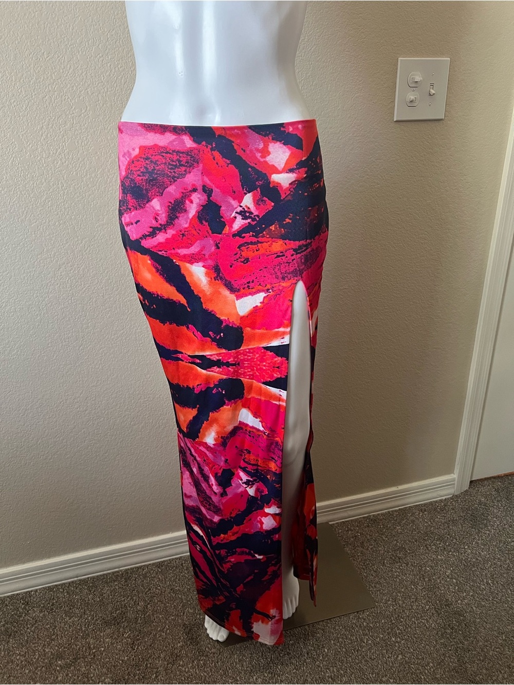 Tiger Mist Pink & Orange Abstract Maxi Skirt with Side Slit